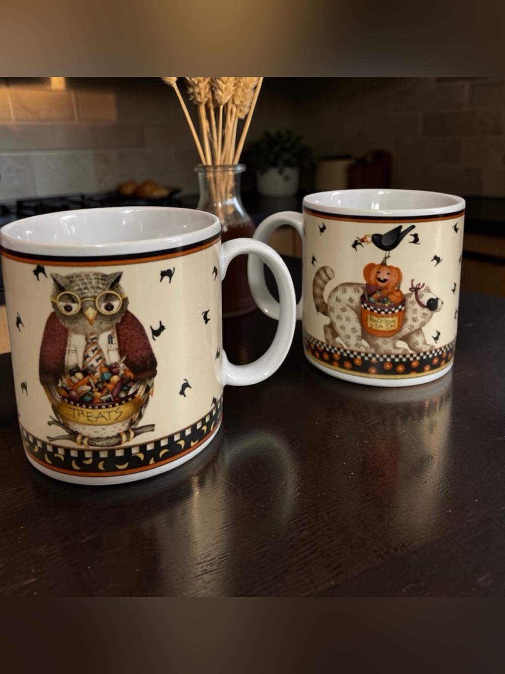 Debbie Mumm Sakura Halloween Owl Mugs Set of 2 Vintage 2000 Pumpkin Cats